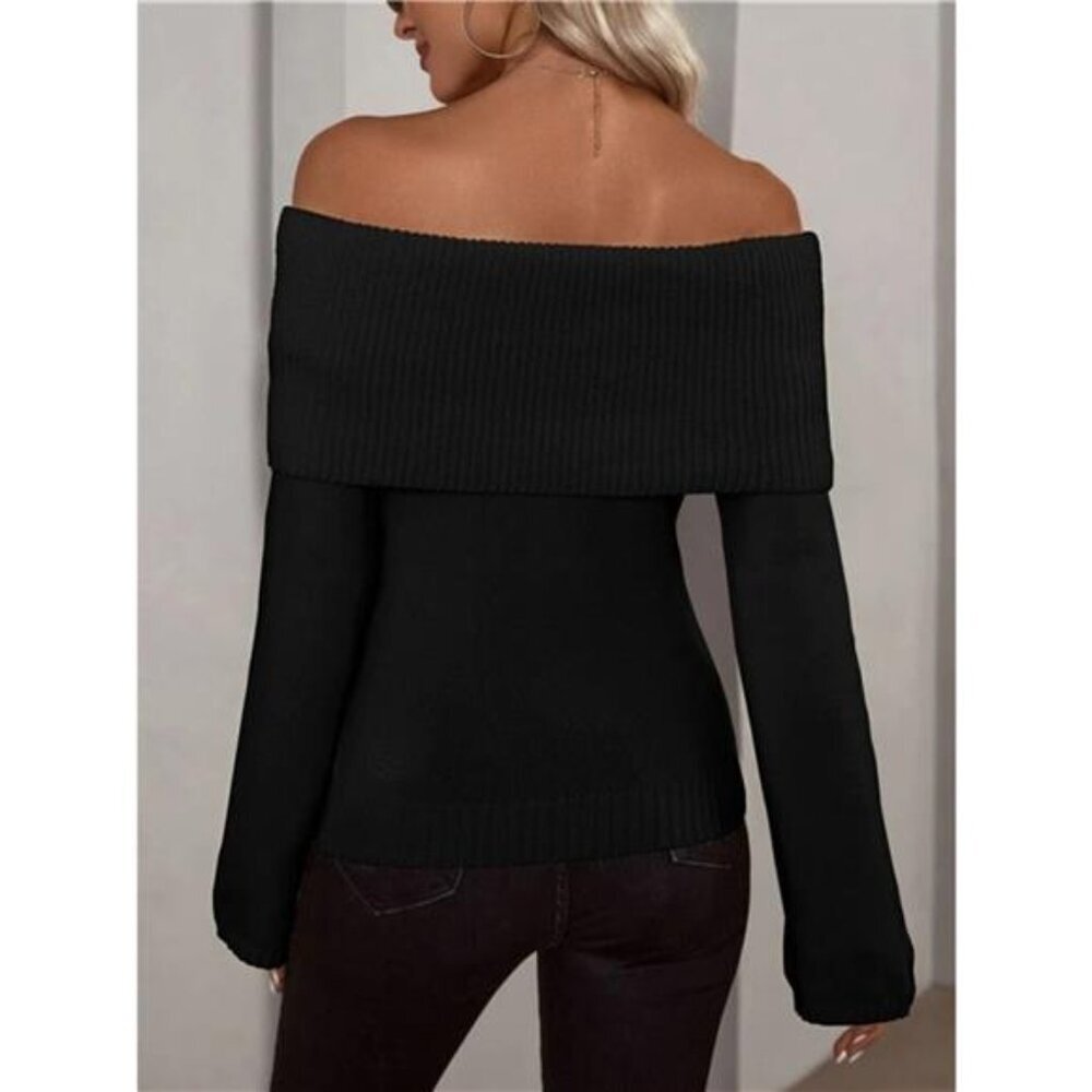 Off-Shoulder Ribbed Knit Sweater - Picture 9 of 10